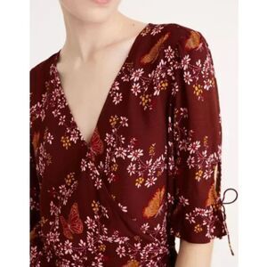 Madewell Red Floral Wrap Top Butterfly Sanctuary Ruffle Hem V-Neck Tie Blouse L